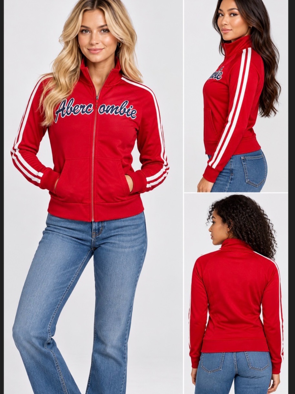 Abercrombie Red Zip-Front Varsity Jacket with White Stripes - M